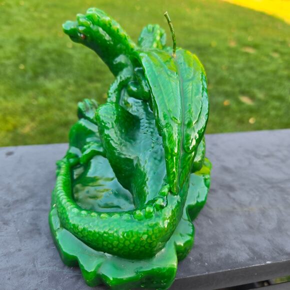 Mythical Candle Two Headed Green Dragon Red Eyes Holding Sphere Unburned *read* - Picture 3 of 15
